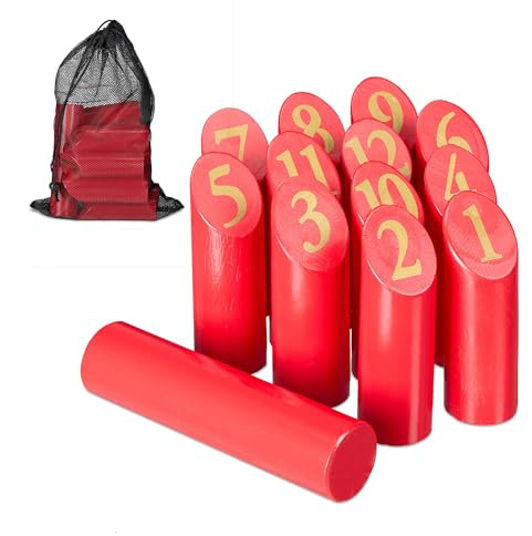 Relaxdays Kubb Wikingerspiel, finnisches Wurfspiel, Holz, Outdoorspiel mit Zahlen, Erwachsene u. Kinder, mit Tasche, rot