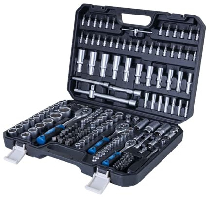 Scheppach Steckschlüsselsatz TB180 Werkzeugkoffer mit 180 tlg. Werkzeug-Set | 1/4+3/8+1/2 Ratschen, Verlängerung, Schraubendreher, Stecknüssen & Bits, Sechs- & Vierkant Ratschenkasten Knarrenkasten