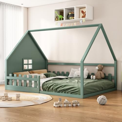 Flachbett, 140*200 cm, Kinderbett, Hausleiste, Geländer, Kiefernholz (Grün)