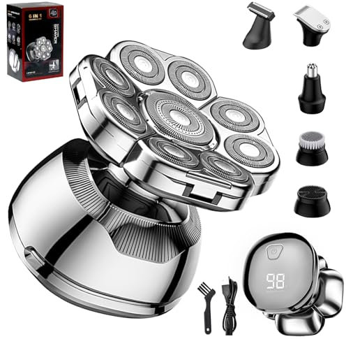 Bwaliffury Rasoio Testa Calva 6 in 1 con Display LED 9D, Kit Tagliacapelli Elettrico IPX7 Impermeabile per Barba, Naso e Viso Pulito