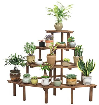 Banc d'échelle en bois avec 4 étagères pour intérieur et extérieur - Support de pot de fleurs pour jardin, terrasse - Support de pot de fleurs à angle droit