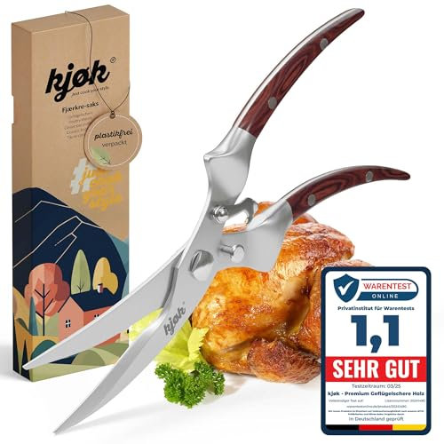 kjøk Premium Tijera para Aves de Corral de acero inoxidable y Madera – Tijera de trinchar profesional, ya sea para pollo o pato - Tijera de cocina multiuso para cortar aves de corral con facilidad