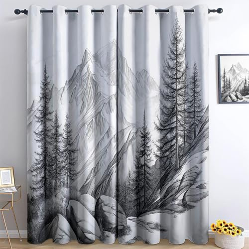 XCQHZYQ Cortinas Opacas Termicas Aislantes Frio Y Calor con Ojales 2 Piezas 2x75x166 cm, Dibujo a lápiz una montaña Suiza Cortinas Opacas Niño Dormitorio Cocina Salon para Juvenil Infantil