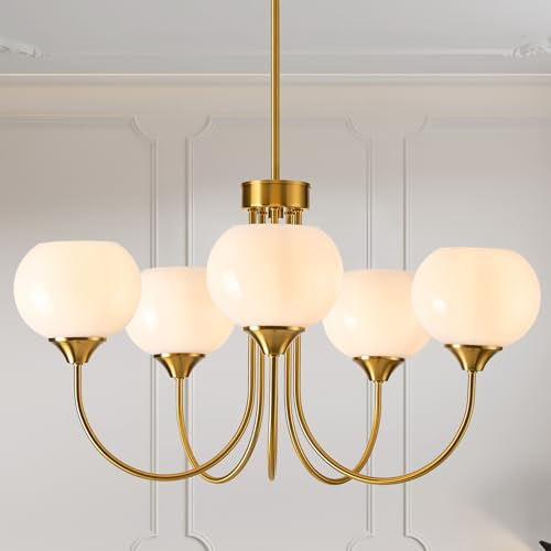 FEAZAC Modern Globe Chandelier 5 Light Mid Century White Milk Glass Vintage Sputnik Hanging Chandeliers Gold Pendant Light Fixtures for Dining Room Kitchen Living Room Bedroom