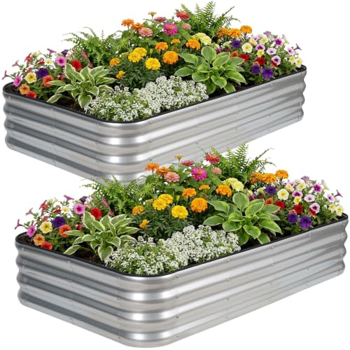 INNO STEG Justerbar upphöjd trädgårdssäng, 150 x 90 x 30 cm metall planteringslådor utomhus för odling av grönsaker, örter, blommor stål växt trädgård säng kit – silver 2-pack