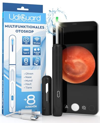 Ohrenschmalz Entferner Otoskop mit Kamera 1920p 3,6mm WiFi Ohrenreiniger - UdiGuard Ohrenspiegel Ohr Kompatibel mit iPhone iPad Android Schwarze Farbe - mit 6 LED-Leuchten Erwachsene Kinder und Tiere