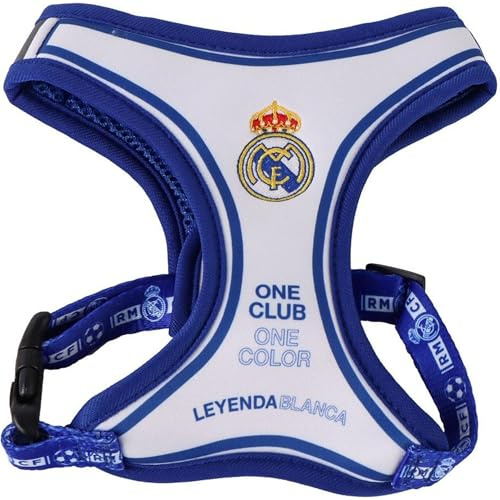Arnés Perro Real Madrid Talla XS diseño Oficial Escudo Bordado y Ajuste Seguro - Arnés Real Madrid Perro Accesorio Resistente y cómodo para Perros medianos Control Total y Estilo Merengue Cada Paseo