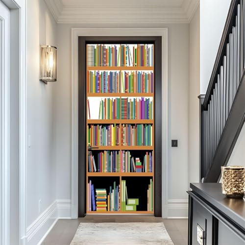Türtapete Selbstklebend 80x200 cm Türfolie Selbstklebend Bücherregal Türaufkleber Türposter Bücherregal Aus Holz Türsticker Fototapete 3D Effekt für Schlafzimmer Wohnzimmer Küche 4552a