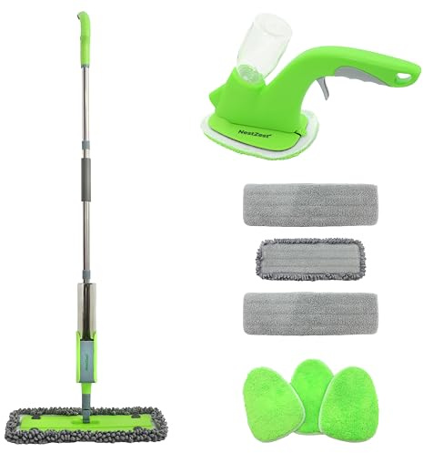 Mopa con spray y práctica fregona – Mopas ligeras para limpieza de suelos con 6 almohadillas de microfibra, botellas recargables, ideal para suelos de madera dura, azulejos y laminados
