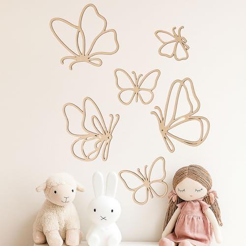 WIDEGO Schmetterling Kinderzimmer Deko 6-teiliges Set aus naturbelassenem Holz – Wanddeko Kinderzimmer, Montessori-Inspiriert, Babyzimmer Deko, Deko Kinderzimmer, Kinderzimmer Deko Mädchen