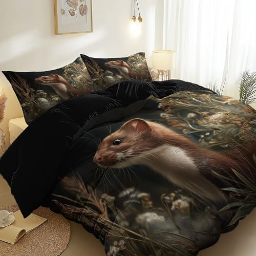 Bedruckte Bettwäsche, 135 x 200 cm Atmungsaktiv Bettbezug mit Reißverschluss, Tiere Gras Wiesel Thema Einfache Pflege 3-Teilig Set, Hellblau Wendebettbezug mit 2 Kopfkissenbezügen 80 x 80 cm