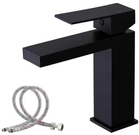 Haiba Matte Black Sink Faucet Bathroom Short Faucet Single Handle 304 Stainless Steel 1 Hole Modern Basin Mixer Tap with G1/2'' Hoses