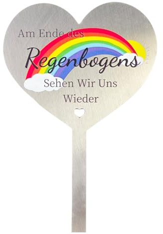 MOAZIFI Herz Grabschmuck Wetterfest mit Regenbogen, Grabstein aus Edelstahl mit Gravur, Grabdeko für Urnengrab und Friedhof, Garten Gedenkstätte Dekoration,Am Ende des Regenbogens Sehen Wir Uns Wieder