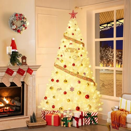 225cm Weihnachtsbaum mit Beleuchtung(450 LED), Einzigartiger weißer Simulierter Künstlicher Weihnachtsbaum, für Weihnachten-Dekoration, aus PE und PVC, Einfache Installation nkl. Metallständer