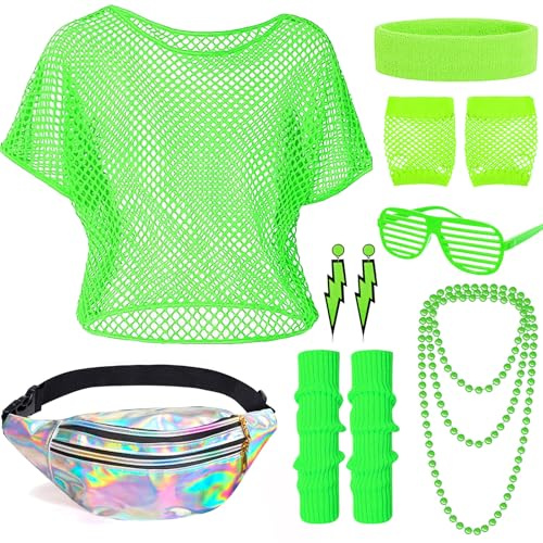 Bryndo 80er 90er Jahre Outfit Damen Set, 80er Jahre Kleidung Damen Netzoberteil Tops, Mit Bauchtasche, Beinwärmer, Stirnband, Halskette, Netzhandschuhe für Mottoparty, Karneval,Fasching