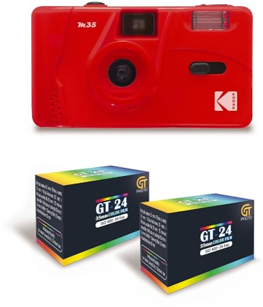 KODAK M35 - Fotocamera ricaricabile da 35 mm, obiettivo grandangolare fisso, mirino ottico, flash incorporato, rosso + 2 pellicole GT24, colore compatibile con 24 esposizioni