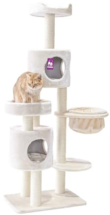 Petrebels Kratzbaum Residence 165 cm hoch, mit Hängematte und Schlafhöhlen, Für kleine und mittelgroße Katzen, Farbe Beige/Creme