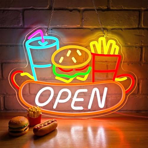Lxmoneon Neonskylt snabbmat, neonljus för stekt hamburgare, neonskylt för varmkorv – öppen LED-väggskylt för restaurang, takeaway, bar, kök