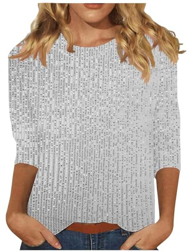 Glitzer Oberteile Damen,3/4 Ärmel Pailletten Shirt Tunika Rundhals Lässig T-Shirt Elegant Glitzer Bluse Shirt Festlich Party DamenblusenBaumwolle Bequem Longshirt Leicht Vintage Langarmshirt