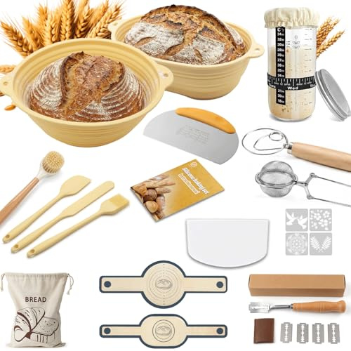 Sourdough Starter Kit with 24oz Glass Jar, 28Pcs Complete Bread Making Set, Silicone Banneton Bread Proofing Basket Set, Sour Dough Starter Kits, Bread Proofing Kit, Scraper, Sourdough Tools