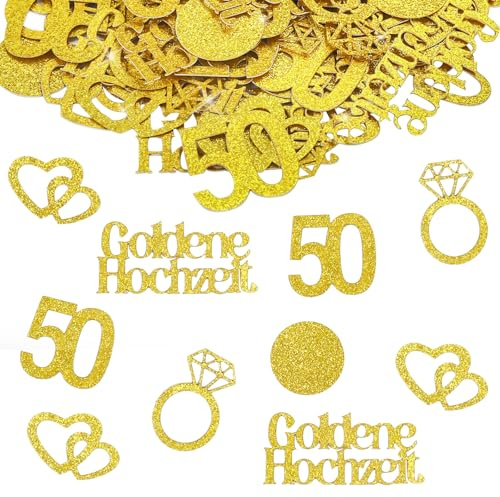 Whimzey Doppelseitige Glitzer Goldene Hochzeit Deko Konfetti Groß 2,3-5,3cm, 100 Stück Ring Herz Deko Goldene Hochzeit 50 Jahre, Tischdeko Goldenen Hochzeiten Streudeko,Gold Herzen Hochzeitsdeko Tisch