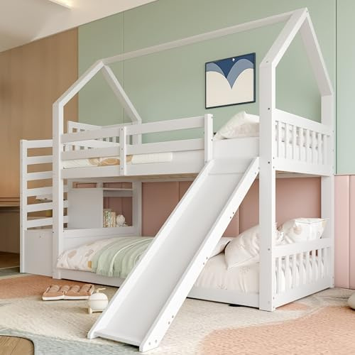 NuvlaGu Letto a castello con scala di stoccaggio e scivolo, letto per bambini e ragazzi, culla con ringhiera, legno massello di pino + MDF, 90 x 200 cm, bianco, senza materasso
