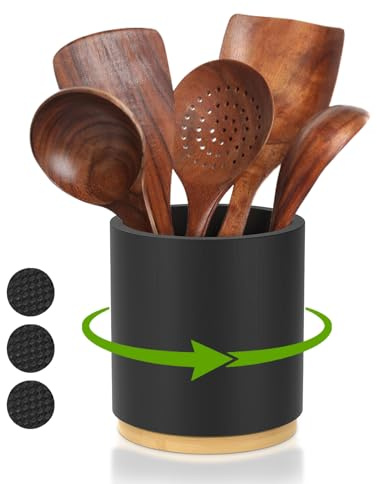 BOBASH Wooden Utensil Holder, 360° Rotating Large Cooking Utensil Crock for Countertop, Acacia Wood Kitchen Tableware Organizer with Anti-Slip Base for Kitchen Decor