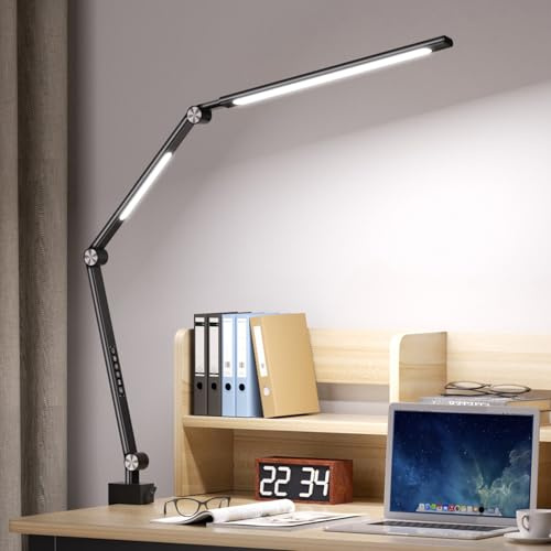 Kiyoraito LED Schreibtischlampe dimmbar, 22W Klemmleuchte mit zwei Lichtquellen, stufenlose Helligkeit & Farbtemperatur, Memory- und Timerfunktion, Aluminium, Schwarz