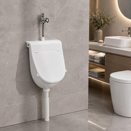Urinario para montaje en pared con tapa, orinal de baño con tapa antisalpicaduras, válvula de descarga con manguera, orinal de plástico para dormitorio, camping, garaje, patio trasero, hogar, inodoro