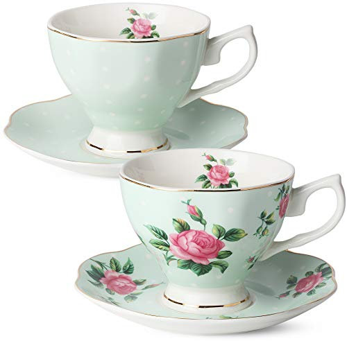 BTaT- Floral Tea Cups and Saucers, Set of 2, 8 oz, Fine Porcelain Teacup Set with Gold Trim for Afternoon Tea, Weddings, Parties & Gifting, Dishwasher Safe, Lightweight, Non-Toxic, Mothers Day Gift