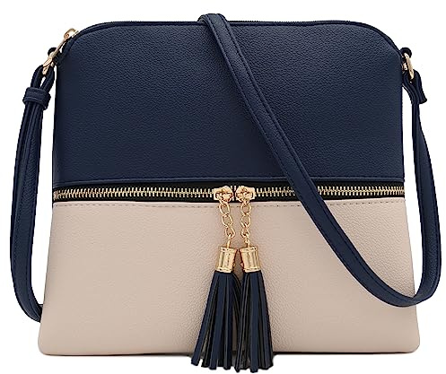 DELUXITY Lightweight Medium Crossbody Bag with Tassel, Navy/Nude, One Size