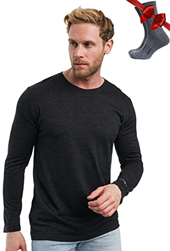 100% Merino Wool Base Layer Mens - Long Sleeve Thermal Shirts with Socks (Large, 165 Charcoal Grey)