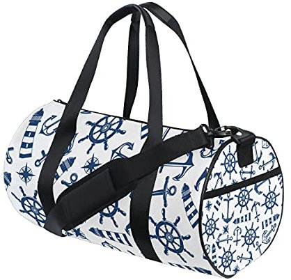 MONTOJ Große Sporttasche mit maritimem Muster und blauen Gegenständen.