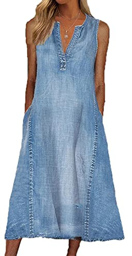 MANYMANY Damen Jeanskleid Blau V-Ausschnitt äRmellos Langes Jeanskleid Knielang