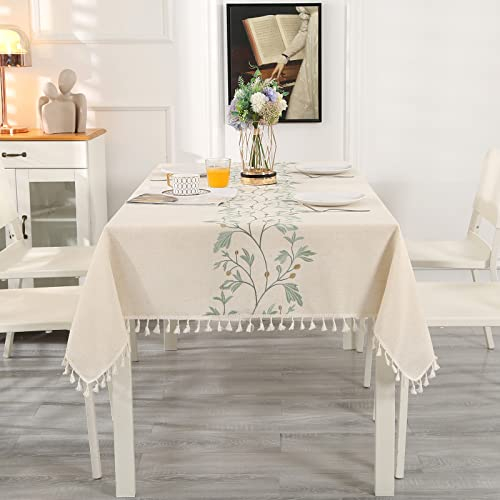 SUCHDECO Tischdecke Beige mit Grün Sticken Blätter & Quaste Tischtuch Abwaschbar Küchentischdecke Rechteckig für Geburtstag Party Hochzeit, Tischwäsche Home Deko, 140x180 cm