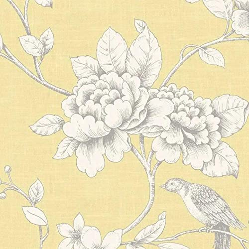 YöL Full Roll Ellis Yellow Wallpaper Floral Birds Linen Effect Metallic