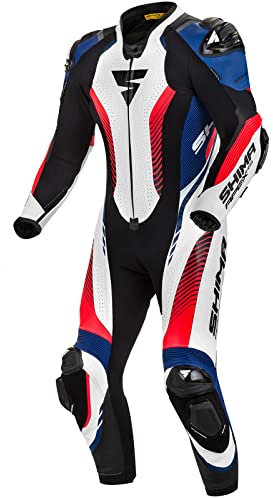 SHIMA APEX RS Combinaison de moto hommes - Cuir 1 pièce ventilé avec glissières pour les épaules et les genoux, protections CE pour le dos, les épaules et coudes, coutures renforcées (48, Blanc/Bleu)