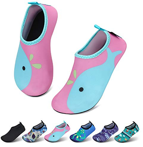 SAGUARO Mädchen Badeschuhe Kinder Aquaschuhe Jungen Schnell Trocknend Strandschuhe Atmungsaktiv Wasserschuhe Surf Yoga Neoprenschuhe,Pink Delfine,Gr.26/27 EU