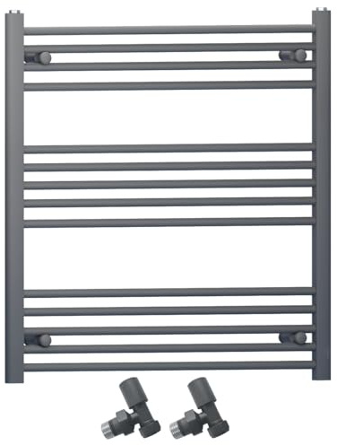 800mm Wide Straight Anthracite Grey Heated Bathroom Towel Rail Radiator With Valves For Central Heating UK (With Angled Valves, 800 x 800 mm (h))