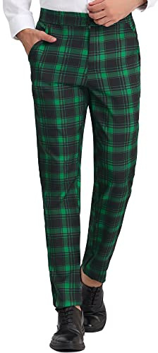 Lars Amadeus Pantalon de costume à carreaux pour homme avec devant plat et taille élastique, Vert, 40