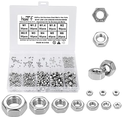 HanTof 380Pcs Metric Hex Nuts Assortment Kit, for Screw Bolt (M1/M1.2/M1.4/M1.6/M2/M2.5/M3/M4/M5/M6), 18-8 Stainless Steel Hex Hexagonal Nuts, External Hex Nut Set