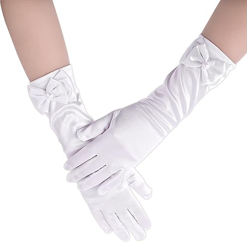 Blumenmädchen Satin Handschuhe Weiß Prinzessinnenhandschuhe Lang Handschuhe | Weiß Kleider Handschuhe für Mädchen Hochzeit Schleifen Handschuhe für Erstkommunion Geburtstag Urlaub Kostümparty, ab 12