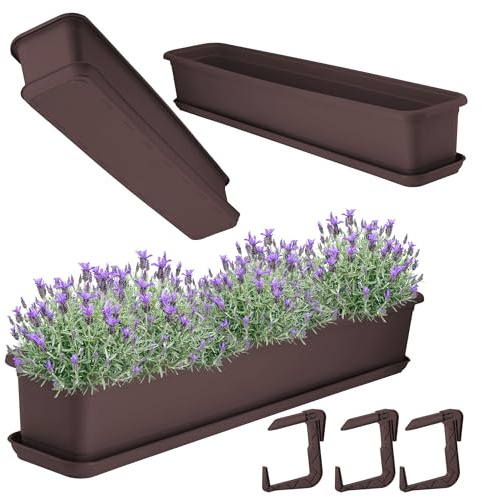 KADAX Blomlåda 80 cm med botten och hållare, brun – balkonglåda av plast, planteringslåda för inomhus- och utomhusbruk, blomkruka för balkong