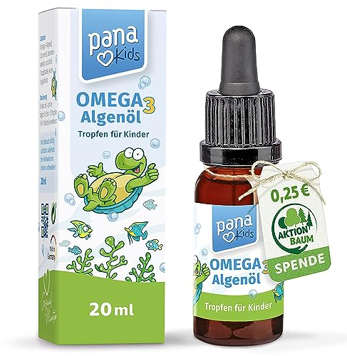 PanaKids Omega 3 Tropfen für Kinder ab 4 Jahren – 100% veganes Algenöl mit DHA & EPA – unterstützt Gehirn, Augen & Herz – Zitronen-Rosmarin Geschmack – laborgeprüft & nachhaltig – 20 ml