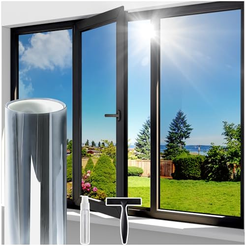 Lifetree One Way Clear Window Film Privacy: Heat Reflective Mirror Window Film for Glass Windows Daytime Anti Glare with Adhesive, UV Window Tint Film Sun Blocker for Home Office (Silver, 45 * 200cm)