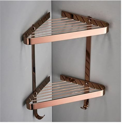 TANIDA Badezimmer-Regal-Organizer, Eck-Duschwand-Caddy, 2 Etagen, Eckregale mit Haken, Badezimmer-Zubehör-Sets, Bad-Organizer, Shoo-Halter, Lagerregal, Wandmontage, Go (Color : Rose Gold)