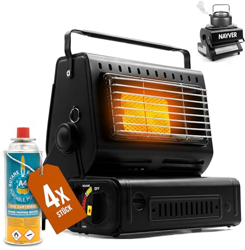 Campingheizung 1300 Watt, 2 in1 - Gasheizung & Campingkocher/Gaskartusche, Zeltheizung, Heizstrahler mit MSF-1a Gaskartuschen (Gasheizung + 4 Gaskartuschen (Butan)