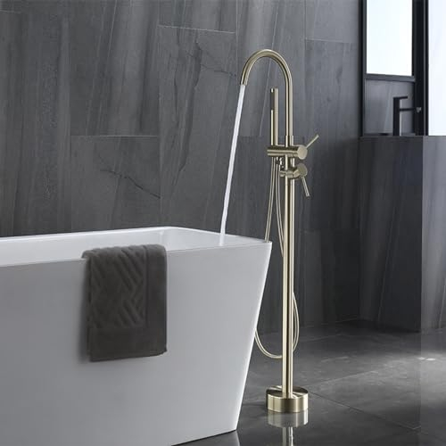 BiaoTeng Badewannenarmatur FüR Freistehende Badewanne Gebürstetes Gold 2 Funktionen Messing Armatur FüR Freistehende Badewanne,Gebürstetes Gold