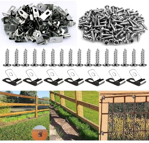 CBRIGHT 100 STK Edelstahl Zaun Drahtklammern Kabelschellen Metall Zaundrahtklemmen Landwirtschaft Zaun Befestigungs clips mit Schrauben für geschweißten Draht an Holz, Metall oder Vinyl Zaun (100)