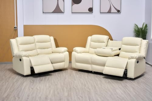 Recliner Cream 3+2 Seater Bonded Leather Sofa - Luxury High Back Settee Suite With Cup Holder & Cheap Couche